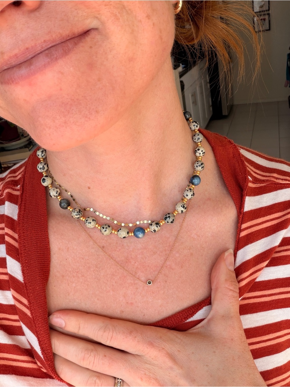 Dalmatian Jasper and Blue Stone Layered Necklace - Gold Accents
